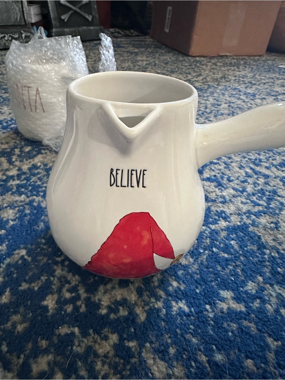 Believe White Ceramic Pitcher with Red Accent rae dunn